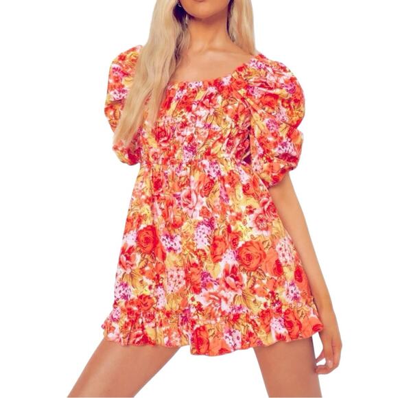 boohoo Romper Womens Size 10 Orange Yellow Ruffled Romantic Ruched Floral Whimsy - Picture 1 of 8